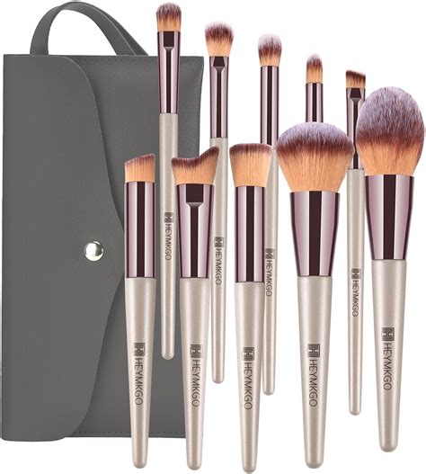 Heymkgo Pennelli Trucco 10 Pezzi Set Pennelli Make Up Con Trousse In Pelle Pu Champagne Gold