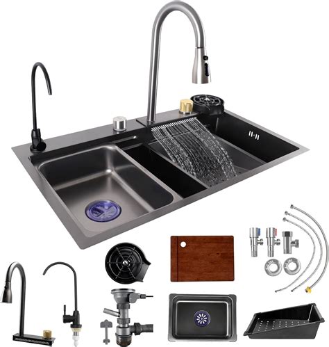 Xspecial Kitchen Sink Waterfall Black Kitchen Sink Stainless Steel Sink Multifunctional With