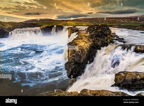 The Go Afoss Waterfall In Northern Iceland At Sunset Europe Stock