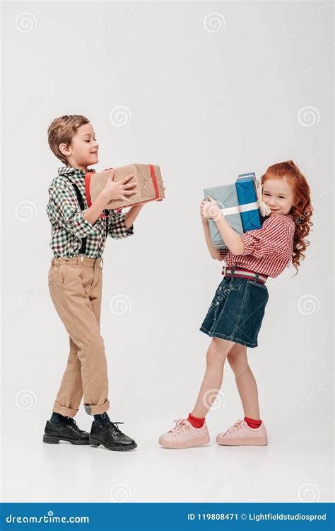 Adorable Little Kids Holding Colorful T Boxes Stock Image Image Of