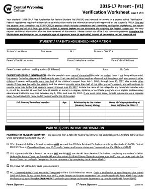 Fillable Online 2016 17 Parent V1 Verification Worksheet Page 1 Of 3