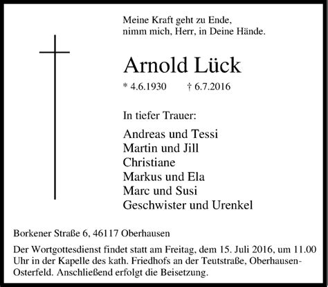 Traueranzeigen von Arnold Lück Trauer in NRW de