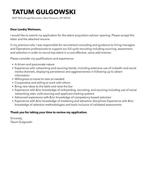 Talent Acquisition Advisor Cover Letter Velvet Jobs