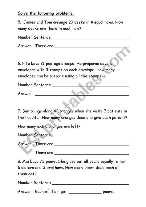 Division Word Problems Worksheets