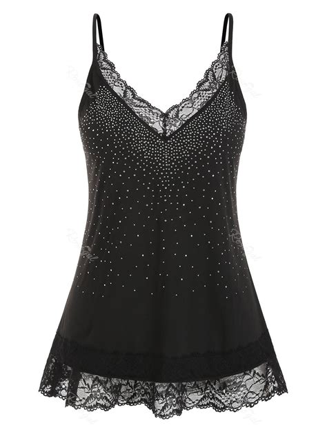 [51 Off] Plus Size Lace Insert Rhinestone Spaghetti Strap Tank Top