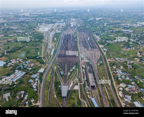 aerial view  railway trains parked   classification yard