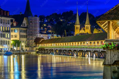 Night View Towards Chapel Bridge Kapellbruecke Together With The