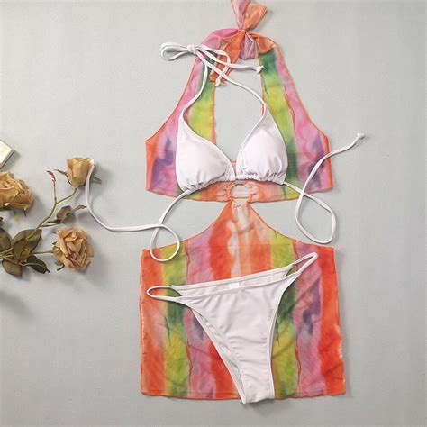 Tie Dye Three Pieces Micro Bikini Set Cover Up Halter Bandage Swimwear Power Day Sale