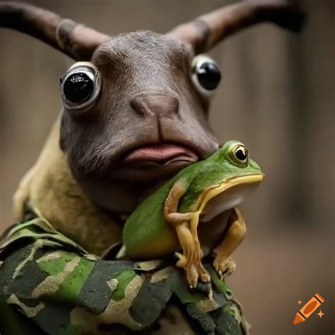 Frog with goat in army fatigues in high definition on Craiyon