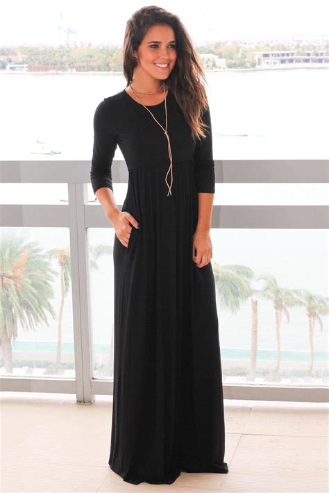 Black Maxi Dress With 3 4 Sleeves And Pockets Maxi Dresses Saved By