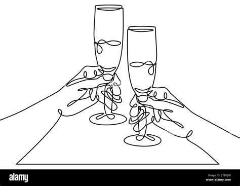 Continuous One Line Drawing Hands Cheering With Glasses Of Champagne