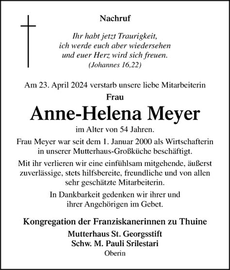 Traueranzeigen Von Anne Helena Meyer Noz Trauerportal