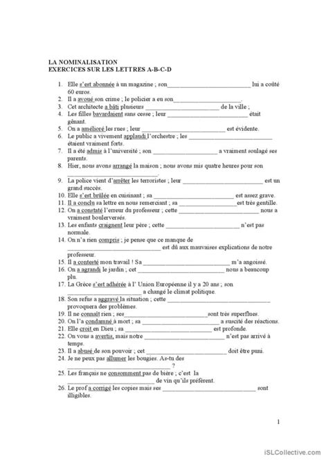 EXERCICES SUR LA NOMINALISATION English ESL Worksheets Pdf Doc