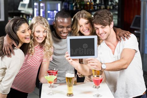 Happy Friends Taking Selfie With Tablet Stock Image Image Of