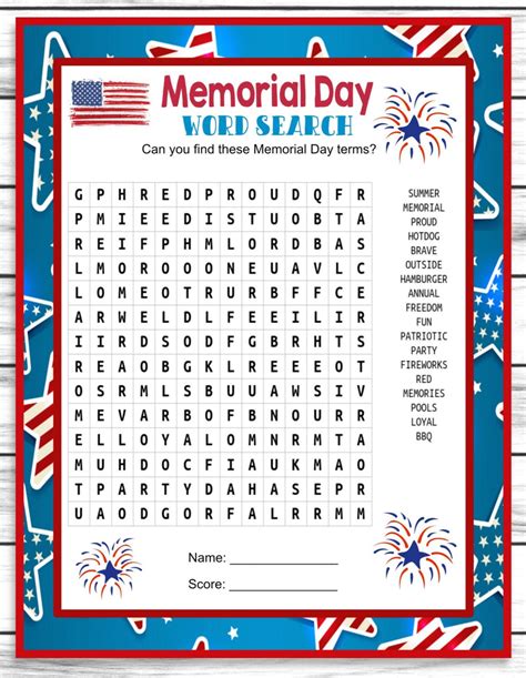 Memorial Day Word Search Game Printable Kids Activity Sheet Instant