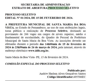 Santa Maria da Boa Vista lança processo seletivo 2024 266