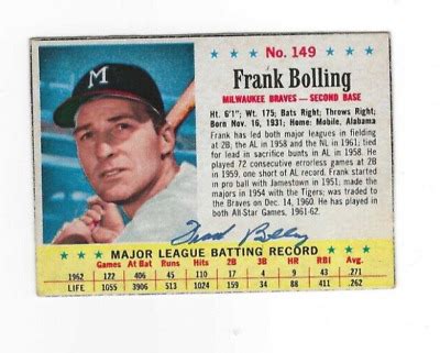 Signed Autographed Frank Bolling Milwaukee Braves Post Cereal Card