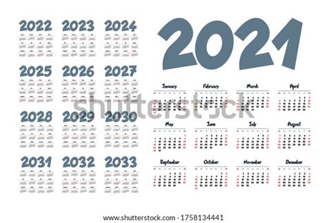 English Calendar Years 20212033 Week Starts Stock Vector Royalty Free