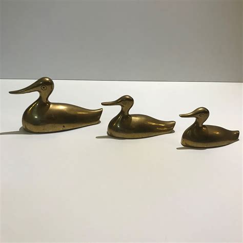 Vintage Mid Century Set Of Three Brass Ducks Small Brass Ducks Set Miniature Ducks Brass