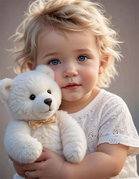 Baby Holding A White Teddy Bear Premium AI Generated Image