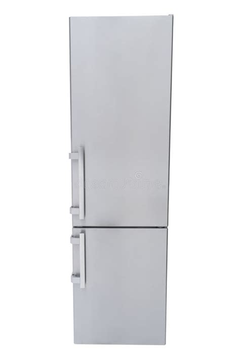 New Refrigerator Isolated On White Background Front View Of Modern Stainless Steel Refrigerator