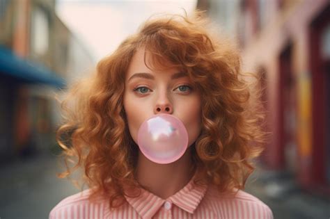 Premium Ai Image Beautiful Young Woman Blowing Bubble Gum Outdoor