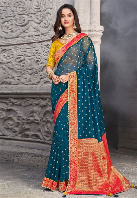 Teal Silk Saree With Blouse 1301