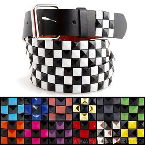 Row Metal Pyramid Studded Leather Belt Tone Checker Punk Rock Goth