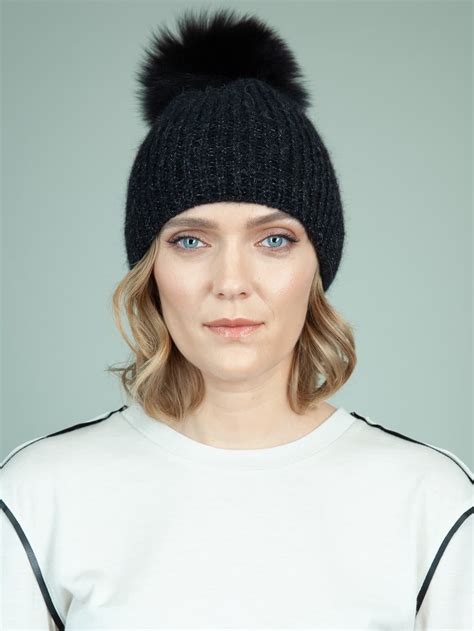 Handknit Black Merino Mohair Wool Hat With Detachable Fox Fur Pom Pom