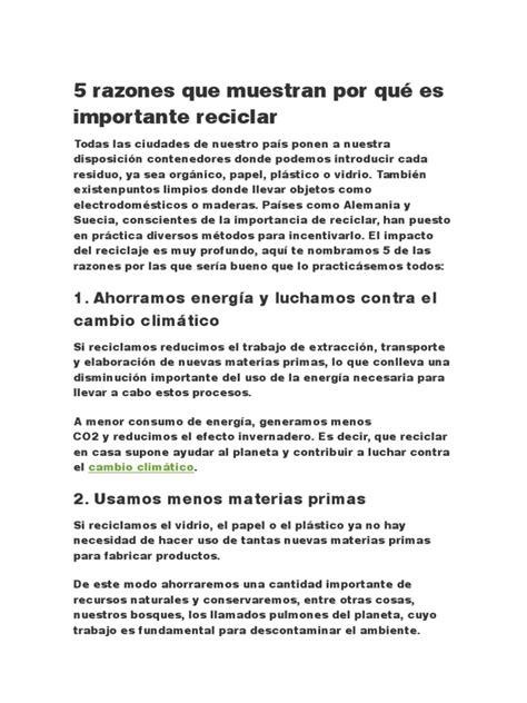 5 Razones Que Muestran Por Qué Es Importante Reciclar Pdf Reciclaje