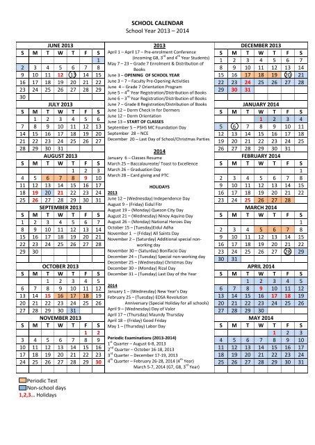School Calendar Pshs Main Campus