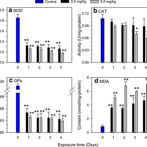 Activities Of Antioxidant Enzymes A Sod Activity B Cat C Gpx D Mda