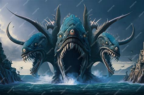 Premium Ai Image Multiple Head Sea Monster Fantasy 3d Illustration Digital Art Landscape Wallpaper