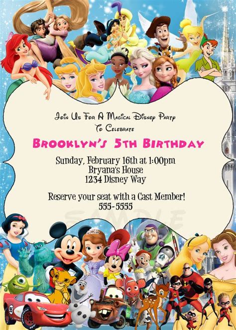 Pin By Amanda Anderson Running On Party Ideas Disney Characters Birthdays Disney Invitations