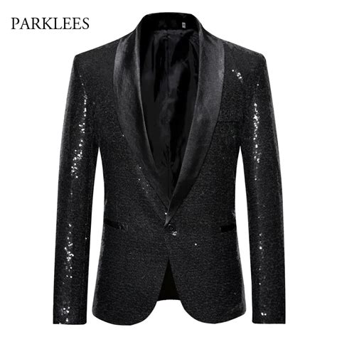 Shiny Sequins Men Blazer Slim Fit Solid Black Sparkle Glitter Blazers