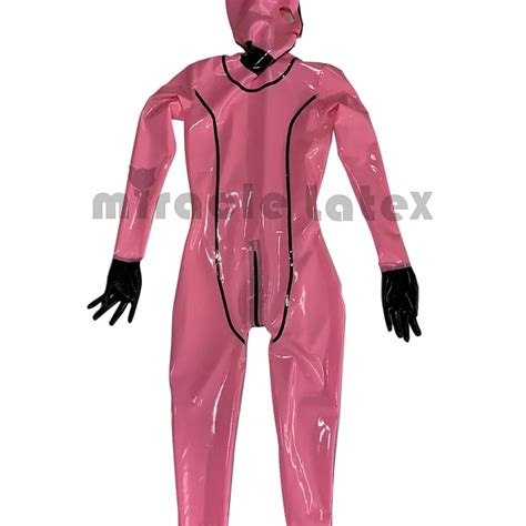 Latex Gummi Catsuit Full Cover Rubber Bodysuit Pink Latex With Hood