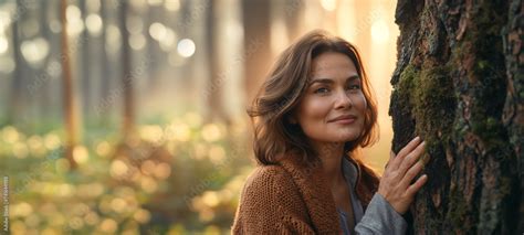 A Beautiful Year Old Brunette Woman Feels A Tree With All Her Senses She Gets New Energy