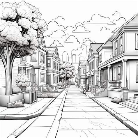 Premium Photo A Drawing Of A Street With A Tree And A Bench Generative Ai