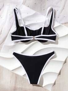 Women S Color Block Bikini Swimsuit Set With Rolled Edge And Chest Cup