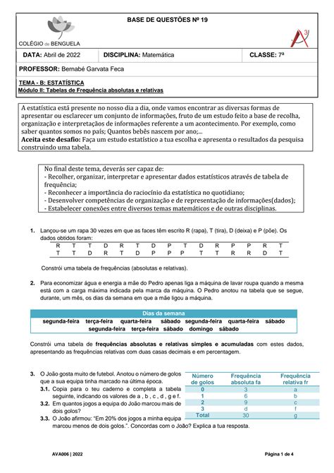 SOLUTION Base De Quest Es N 19 Tabelas De Frequ Ncia Absolutas E