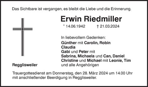 Traueranzeigen Von Erwin Riedmiller S Dwest Presse Trauer