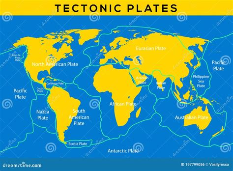 Tectonic Plate Earth Map. Continental Ocean Pacific, Volcano Lithosphere Geography Plates Vector ...