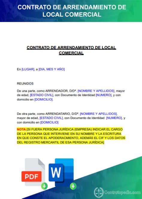 Contrato De Arrendamiento De Local Comercial Word Gratis