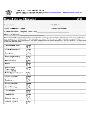 Fillable Online Cairnssde Eq Edu Student Medical Information Form