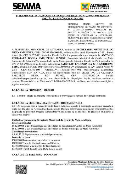 1º ADITIVO DE PRAZO AO CONTRATO 23 0904 004 SEMMA e BARCELOS ENGENHARIA