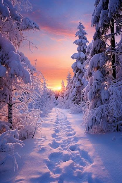 Foto de uma bela paisagem de inverno pôr do sol neve Foto Premium