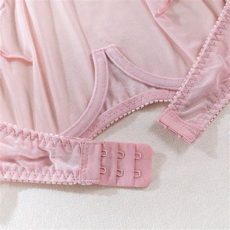 Pink Halter Neck Mesh Transparent Basic Lingerie Sets Full Cover Bra