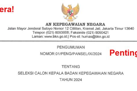 Pengumuman Resmi Seleksi Calon Kepala BKN 2024 Dimulai Berikut Syarat