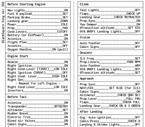 BlackSquare King Air 350 Essential Checklist Printable för Microsoft ...