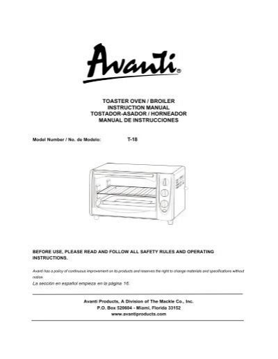 Toaster Oven Broiler Instruction Manual Tostador Avanti Products